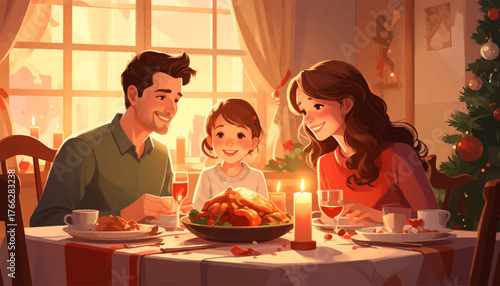 A loving family enjoying Christmas dinner together, filled with joy. Festive meal shared by a family, creating warm Christmas memories. merry family gathering around the table for a Christmas feast