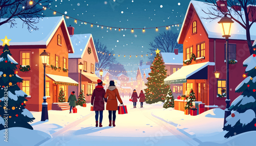 charming Christmas street scene with decorated homes and snow. Festive holiday stroll: Families walking through a decorated winter street. Snowy streets, twinkling lights, and Christmas decorations