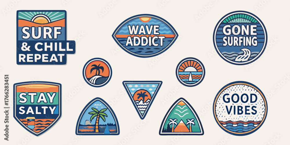Naklejka premium Collection of retro surf and beach themed patches with inspirational quotes and ocean scenery