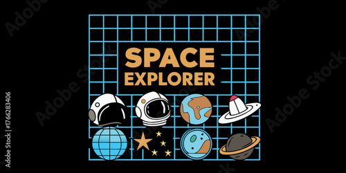 Fun space explorer illustration with planets astronaut helmets stars and a ufo