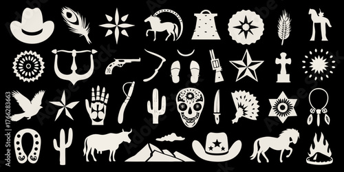 Collection of western and southwestern icons and symbols in silhouette style on black background