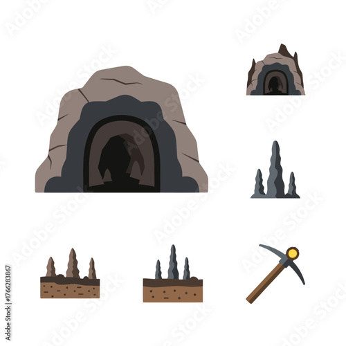 Cave entrances and mining tools illustration.