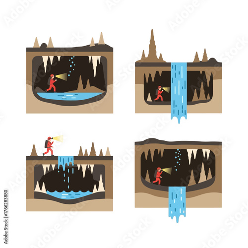 Cave exploration scenes with speleologists discovering underground formations and waterfalls.