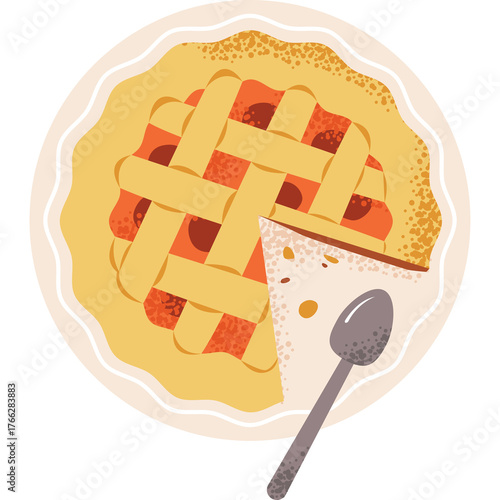 Top Down View Of A Delicious Slice Of Cherry Pie With A Lattice Crust Served On A White Plate With A Silver Spoon Against A Transparent Background Detailed Food Illustration