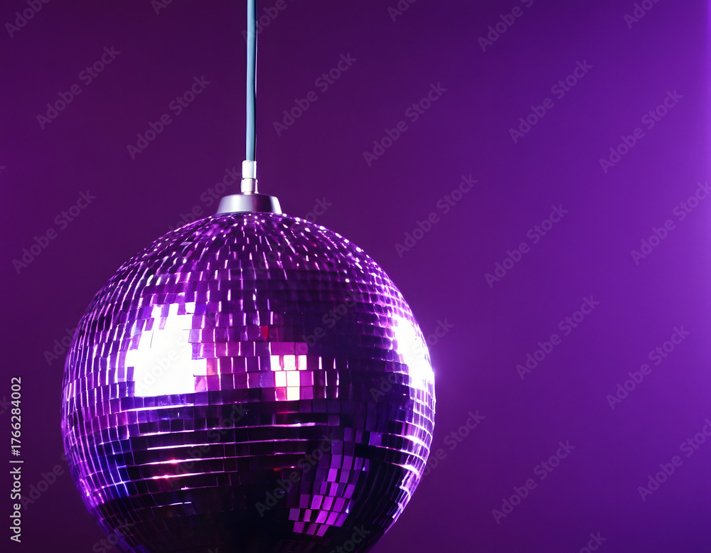 Obraz premium The party lights the disco ball with a purple background. A disco ball on a purple.