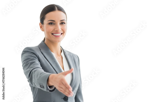 Smiling businesswoman in gray suit offering handshake isolated on transparent background