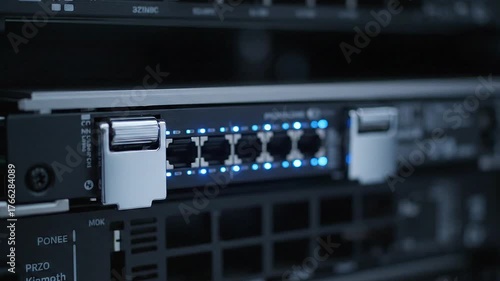 Network switch ports with glowing blue LED lights indicating connection status, illuminated in a dark server room environment, close-up