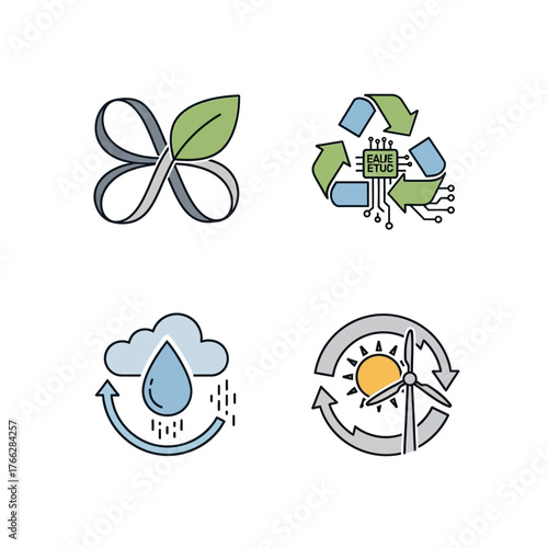 Collection of eco friendly and sustainable technology icons.