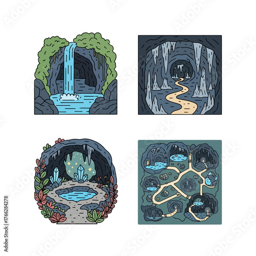 Collection of four distinct cave and underground natural scenes.