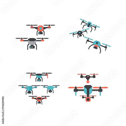 Collection of various drones in different colors and designs for aerial photography.