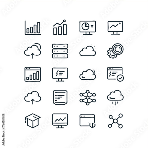 Modern data analytics and machine learning icons visualize cloud computing, AI, growth trends, and network connections for innovative technology solutions