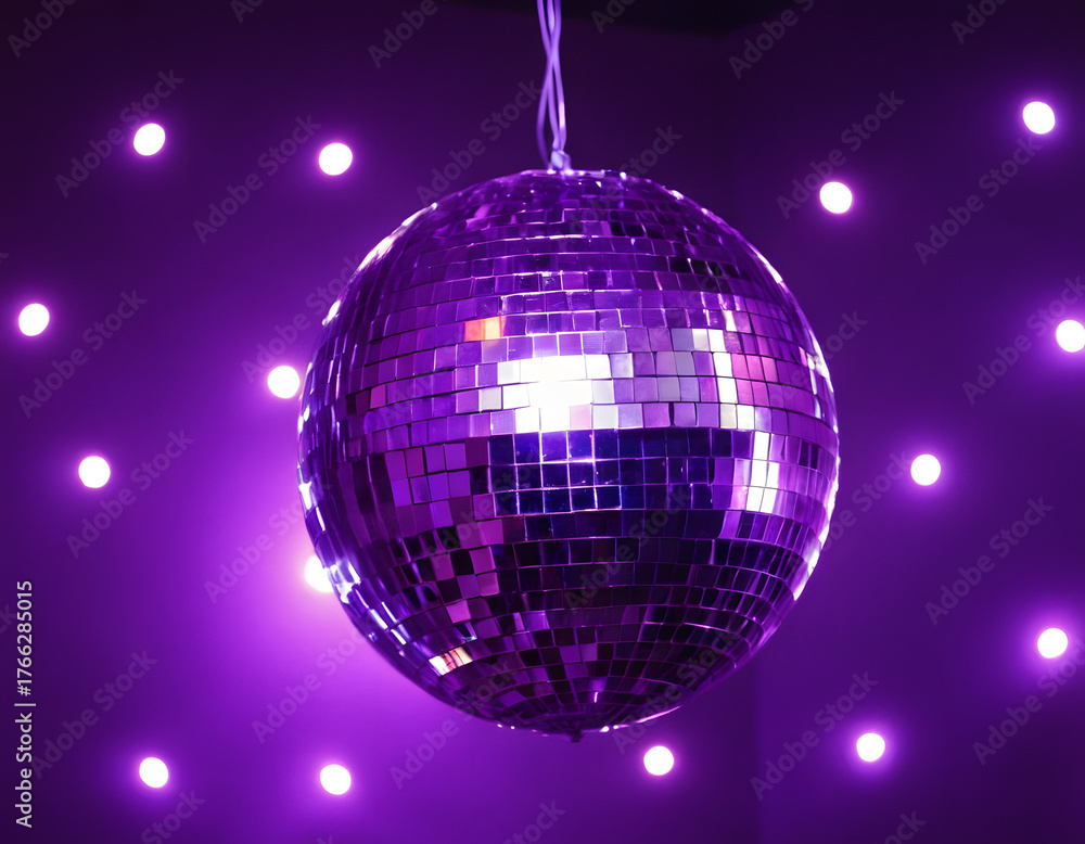 Obraz premium The party lights the disco ball with a purple background. A disco ball with disco lights.