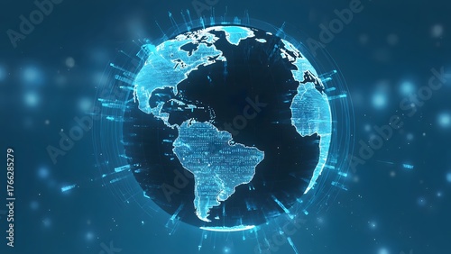Futuristic glowing digital globe with interconnected data streams and light particles representing global connectivity and advanced technology in a dark blue abstract background