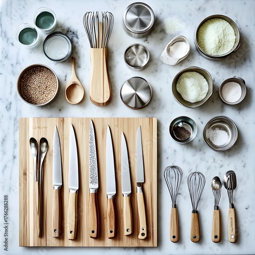 Overhead View of Culinary Tools and Ingredients on Marble Surfac