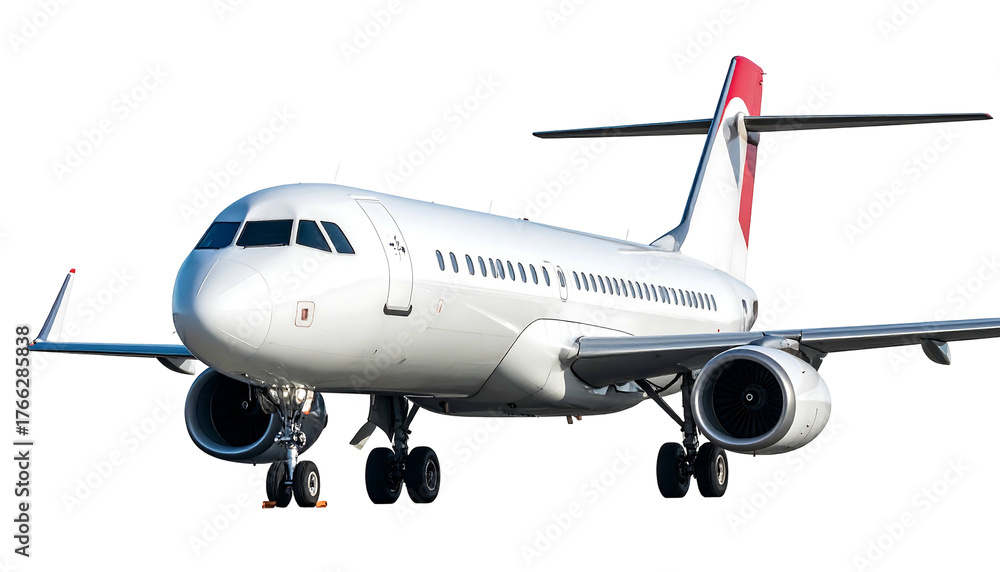 Fototapeta premium White jet plane with red accents, angled slightly, set against a black background, sunny