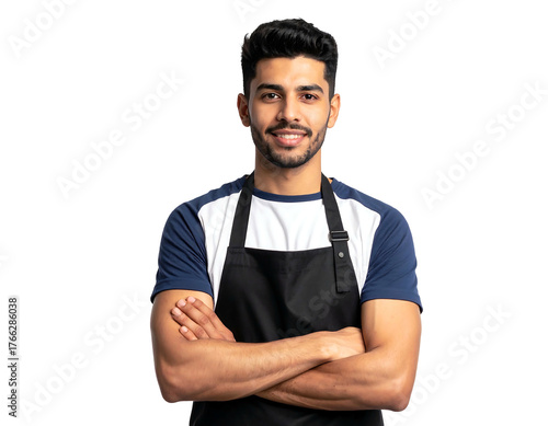 Smiling man with folded arms and apron against a dark background