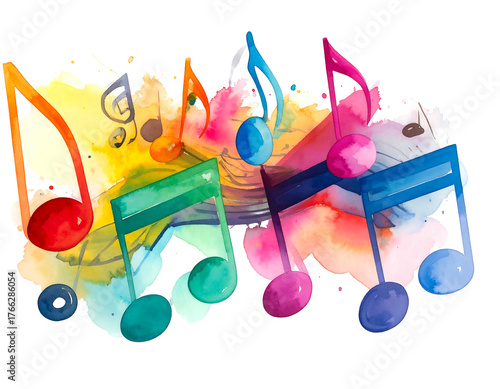 Watercolor musical notes cluster on a splash of vivid rainbow hues, creating a vibrant and artistic music theme illustration