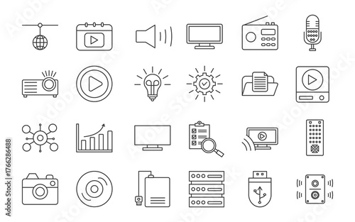 multimedia icon set collection style outline. Contain Network, video, sound, TV, radio, recording, projector, play, settings, volume control, folder,