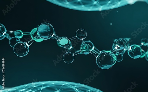 Futuristic molecular structure digital illustration with glowing blue spheres and silver connections suspended in deep space background