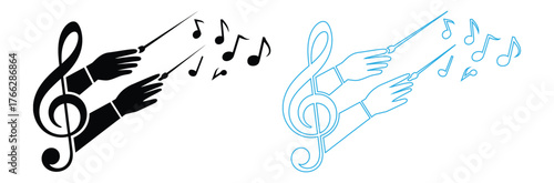 Note icon , music vector illustration,Musical conductor's hand with baton and treble clef design,choir guide music, vector illustration