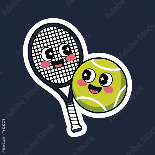 Cartoon tennis racket and ball with smiling faces and rosy cheeks on a dark blue background sticker