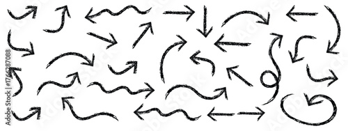 Set of different arrow shapes with grunge texture on black hand drawn doodle effect for design in presentations fun and lively visual with Crayon texture pencil effect. Vector illustration eps 10