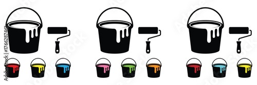 Paint bucket being poured out icon,Colorful paint buckets with rollers for DIY home projects,Paint bucket icons with dripping paint in different styles. Great for DIY, renovation, and art themes.
