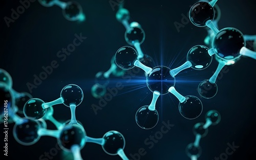 Futuristic molecular structure digital illustration with glowing cyan connections and electric blue chrome spheres floating in dark space