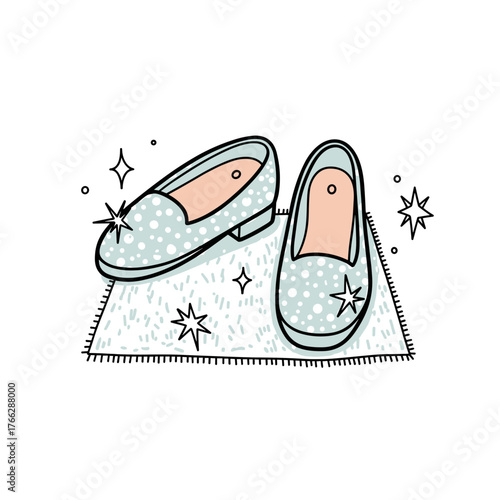 Polka dot slippers placed on soft carpet with sparkling accents  