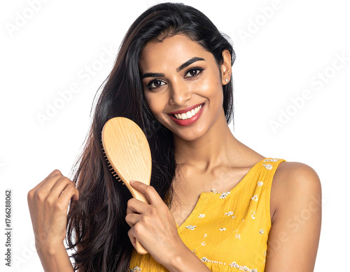 Smiling woman with long dark hair, brushing with wooden hairbrush, wearing a yellow top against a black background
