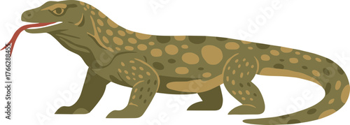 Simple Flat Illustration of Komodo Dragon Full Body with Visible Tongue