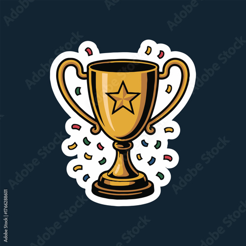 Golden trophy with star and confetti against a dark blue background in sticker style art