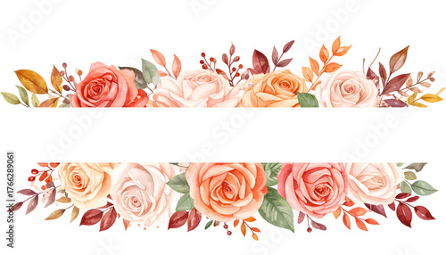 Watercolor roses border with autumn leaves framing a blank space on a black background