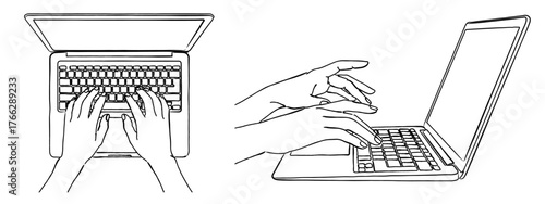 ノートパソコンのキーボードを打つ手の線画イラストセット,ビジネス,作業,タイピング,ベクター,IT