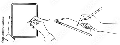 タブレット端末にスタイラスペンで書き込む手の線画イラストセット,デジタル作業,IT,学習,ベクター,リモートワーク