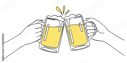 ビールジョッキで乾杯（チアーズ）する手の線画イラスト,飲み会,お酒,宴会,アルコール