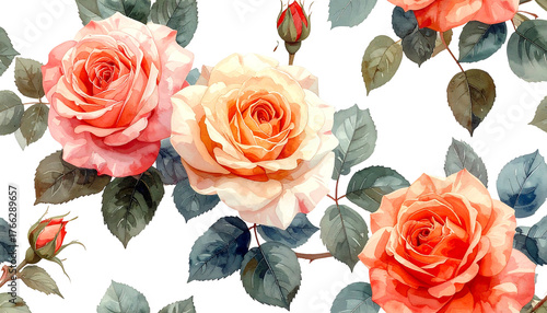 Watercolor roses with leaves on dark background. Beautiful seamless floral pattern in peach, coral, and pink colors
