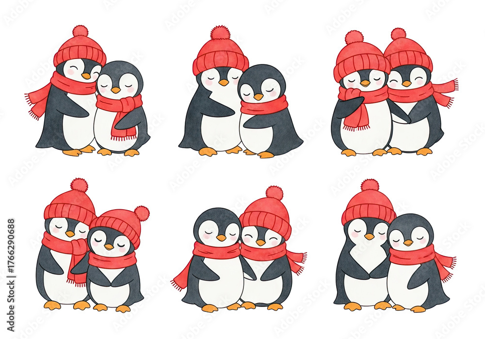 Fototapeta premium Cute cartoon penguins wearing red knitted hats and scarves hugging each other isolated on transparent background