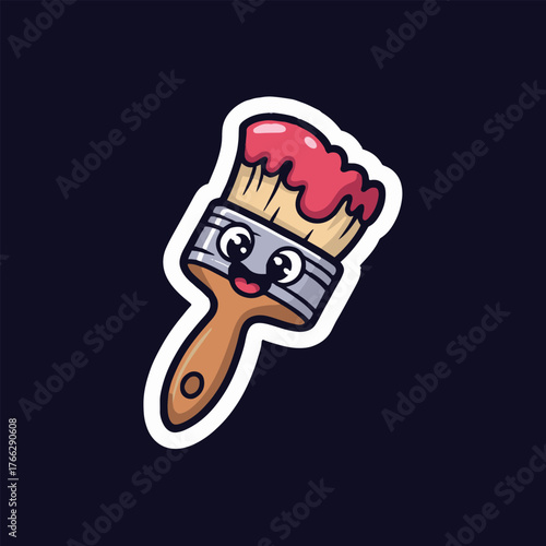 A cartoon paint brush with pink paint on it and a cute face on a dark blue background sticker style