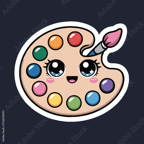 A cute cartoon art palette with colorful paints and a paintbrush and a smiling face on a dark background