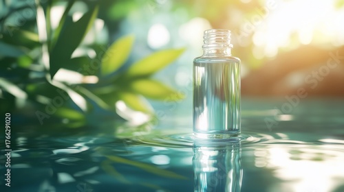 close-up of transparent cosmetic vial floating on still aqua surface selective focus with soft sunbeams and nature reflections hydrating skin concept