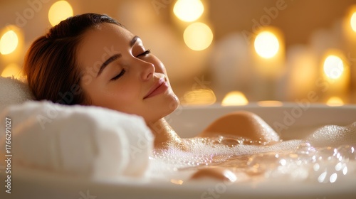 young woman soaking in white freestanding bathtub filled with foamy bubbles candlelight and soft towels nearby calm expression and closed eyes home spa tranquility