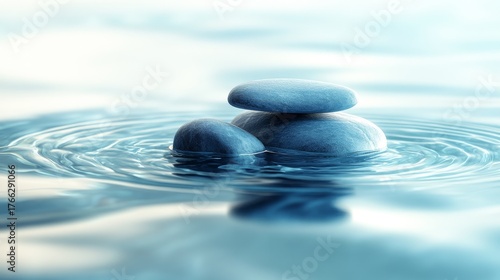 abstract composition featuring stone base in middle of glossy water gentle waves and soft blue tones creating high-end spa and cosmetic visual appeal