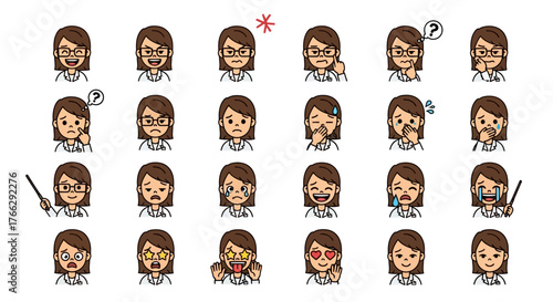 A collection of 24 cartoon-style female avatars displaying a wide range of emotions and actions.