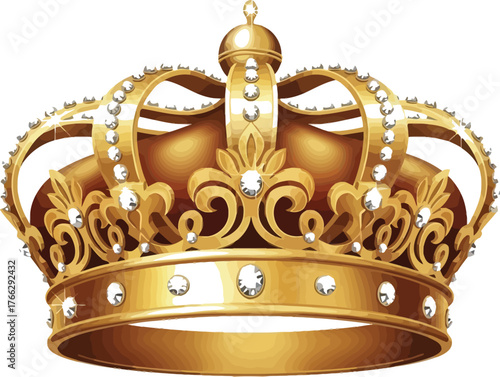 Ornate golden crown with jewels symbolizing royalty and power on a white backdrop