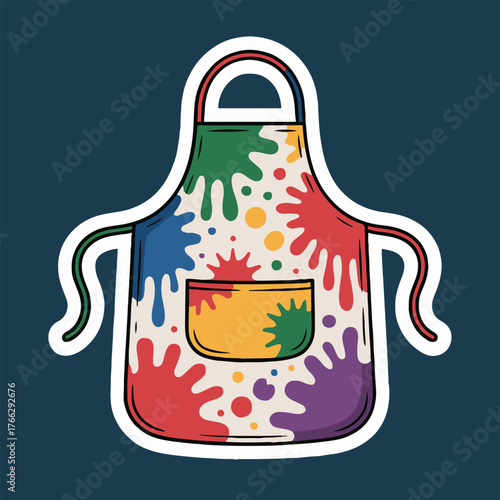 A colorful apron with paint splatters and a pocket on a dark blue background illustration style