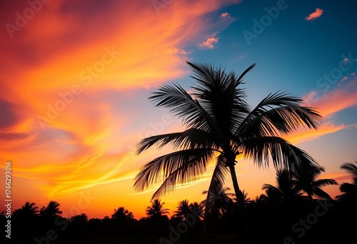 Tropical palm tree silhouette forming a natural frame against a vibrant sunset,   holiday,   tropical frame