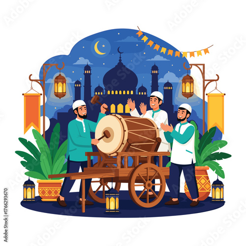 Muslim People Sharing Food with Lantern During Ramadan Illustration