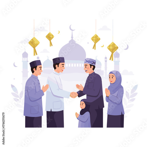 Muslim Family Greeting Each Other in Front of Mosque Illustration