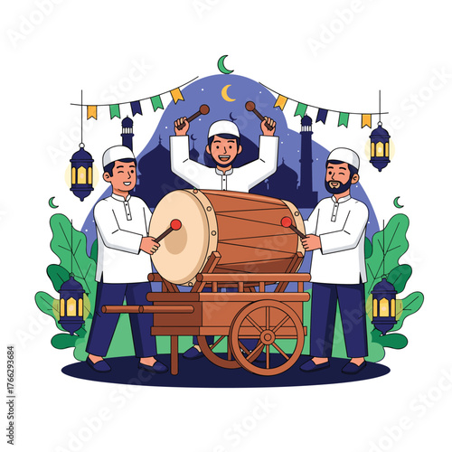 Muslim Men Playing Drum to Celebrate Eid Festival Illustration